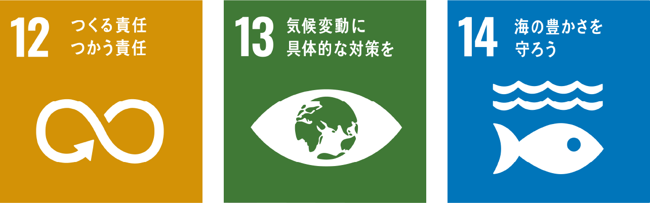 12つくる責任、つかう責任。13気候変動に具体的な対策を。14海の豊かさを守ろう